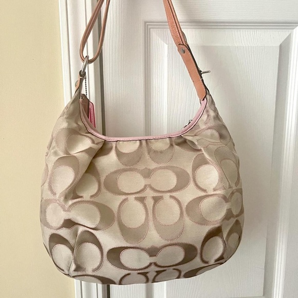 Coach Khaki Signature Hobo with Pink Trim and Tan Strap - Picture 2 of 6
